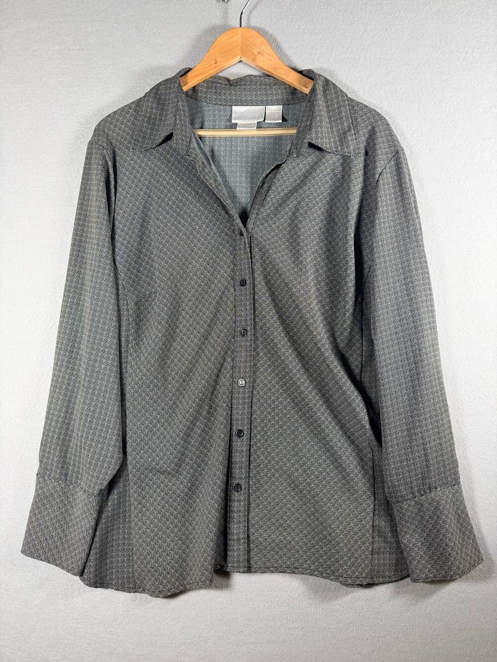 Worthington Woman Stretch Button Down Shirt 2X Black Ivory Herringbone Blouse